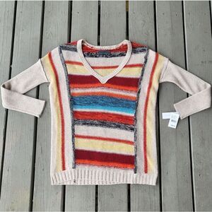 Velvet by Graham & Spencer Pullover Sweater Ribbed Knit V-Neck Multicolor Petite